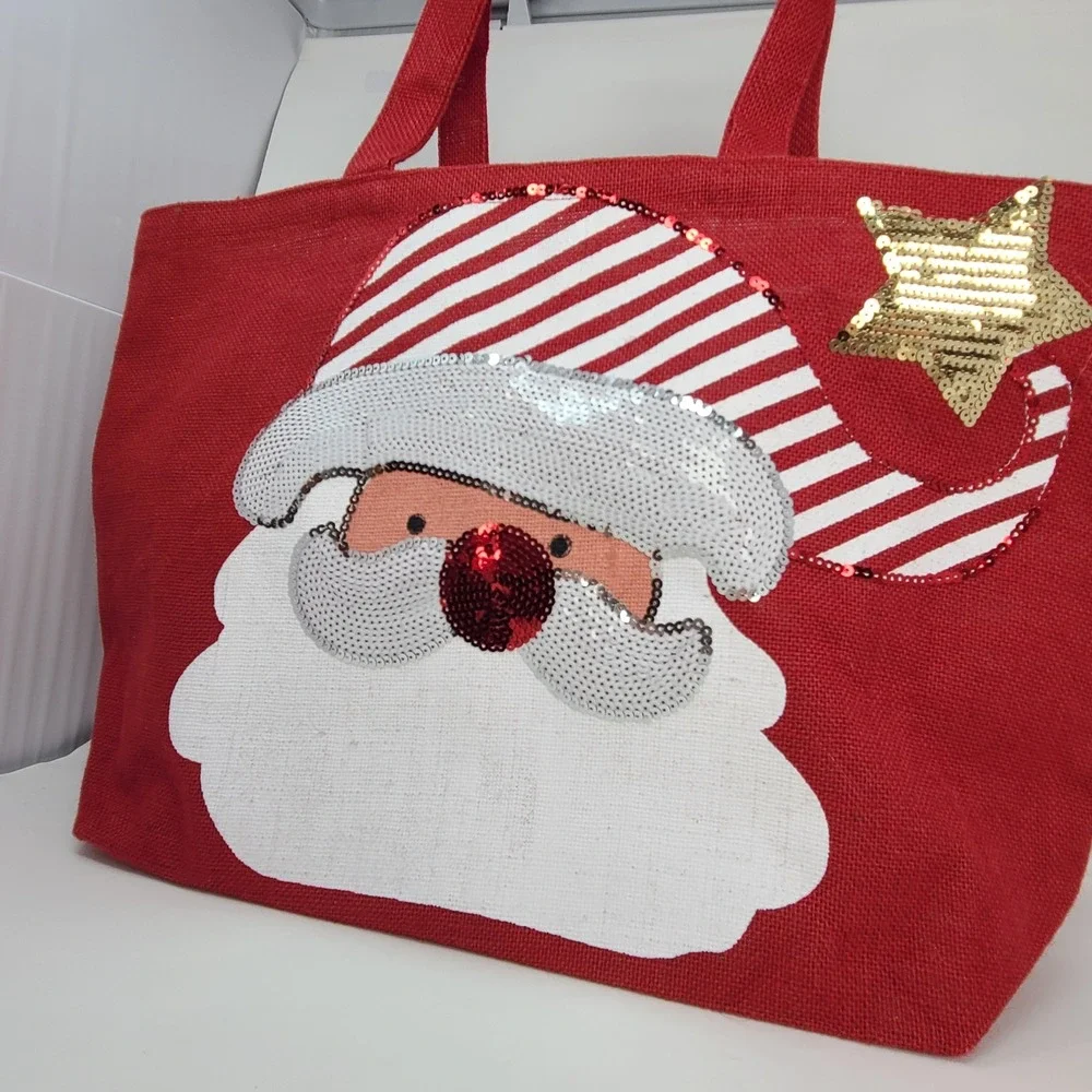 Hobby Lobby Santa Christmas Tote Bag Red Burlap‎ Sequin Large Holiday